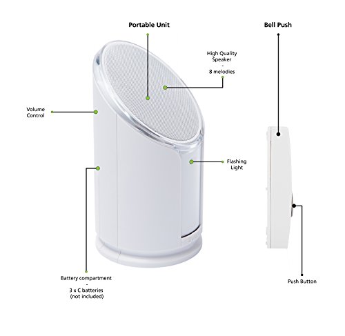 Byron Wireless Doorbell With Portable Extra Loud & Flashing Chime 100m