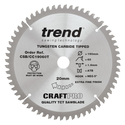 Trend Craft Pro saw blade - 190mm diameter 20mm bore 60tooth TCT
