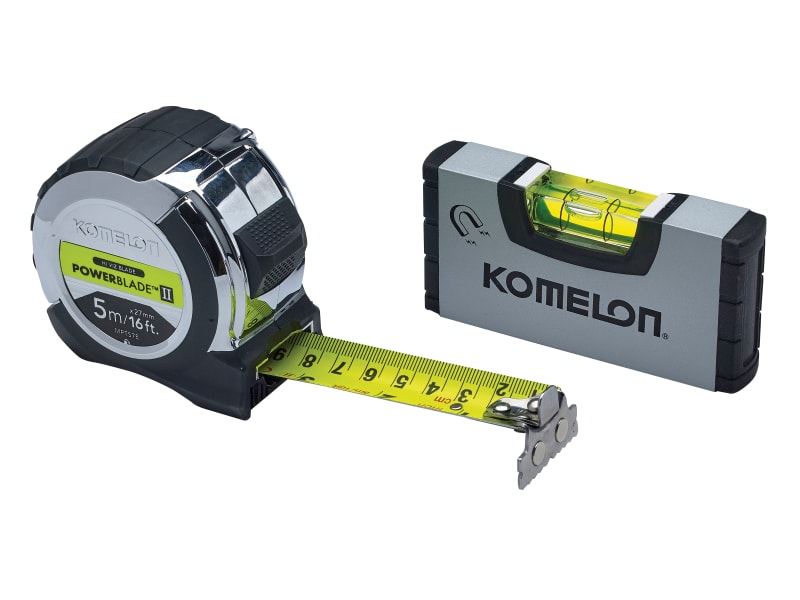 Komelon PowerBlade II Pocket Tape 5m (Width 27mm) (Metric only) with Mini Level